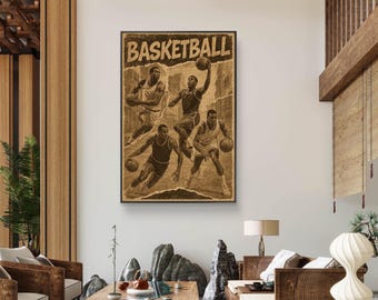 Vintage Basketball Players Poster Matte Canvas Framed