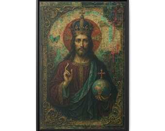 Icona del Cristo Pantocratore su tela con cornice / Arte murale religiosa