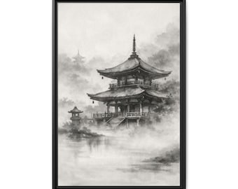 Japanese Pagoda Ink Wash Painting Matte Canvas Framed