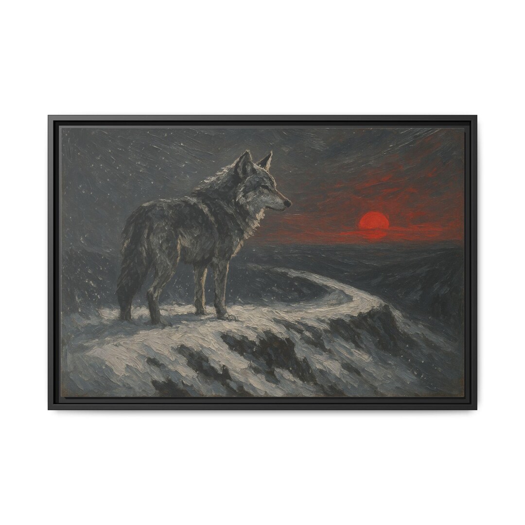 灰色オオカミのキャンバスプリント：雪の尾根のアクリル画、野生動物