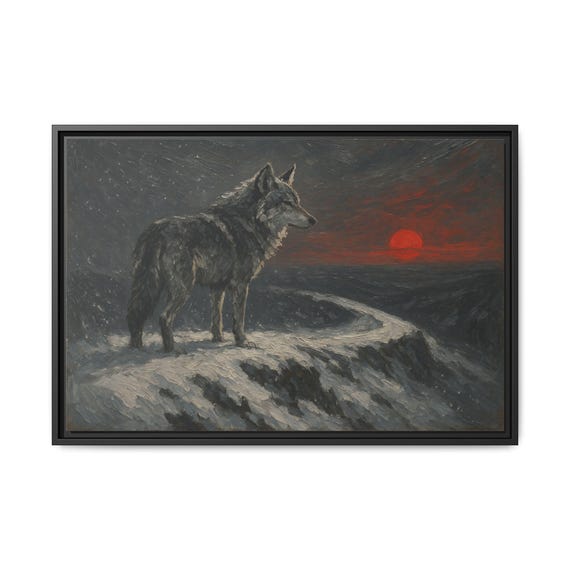 灰色オオカミのキャンバスプリント：雪の尾根のアクリル画、野生動物