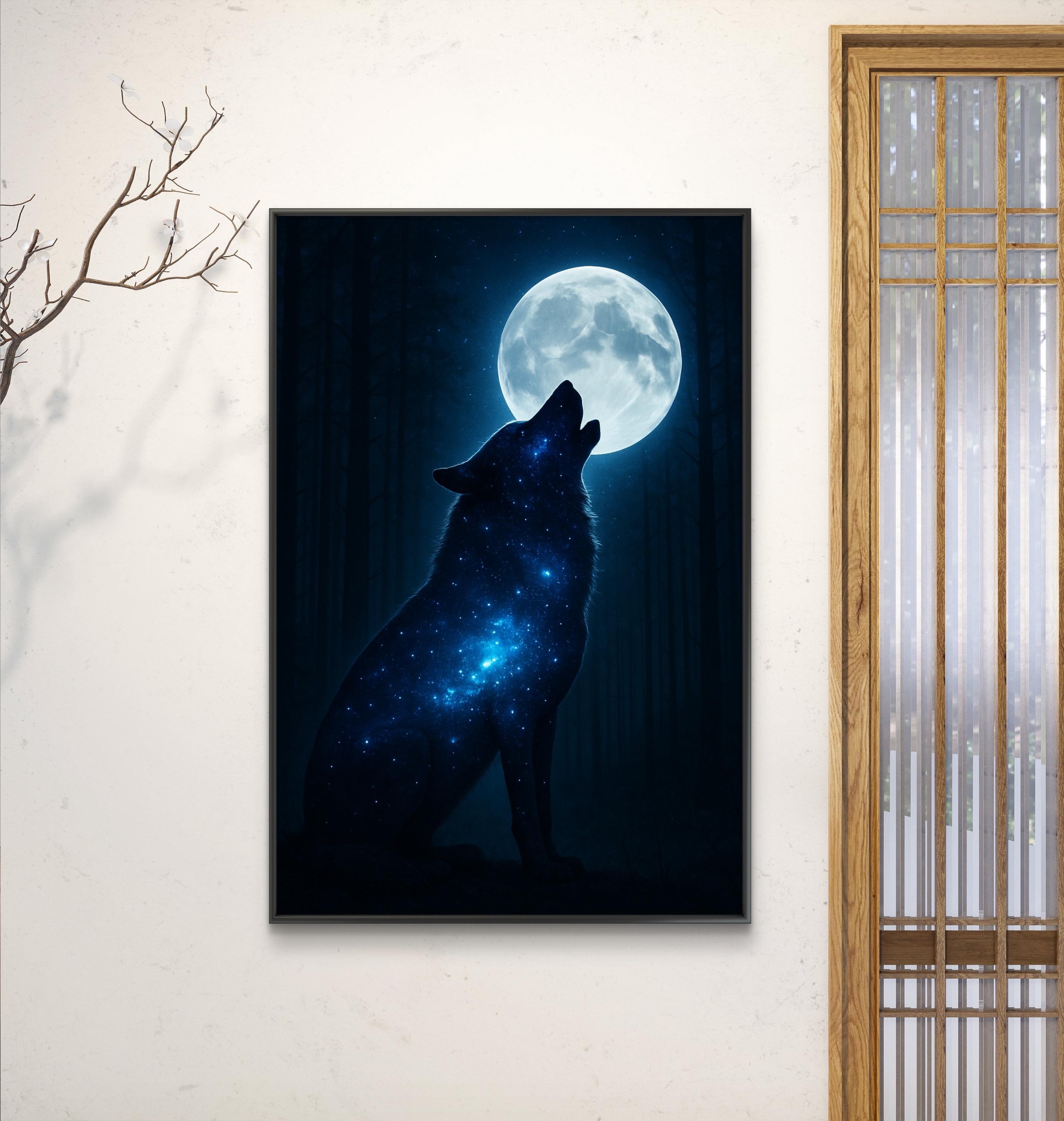 月に向かって吠える狼のキャンバスアート：神秘的な星空の夜のプリント