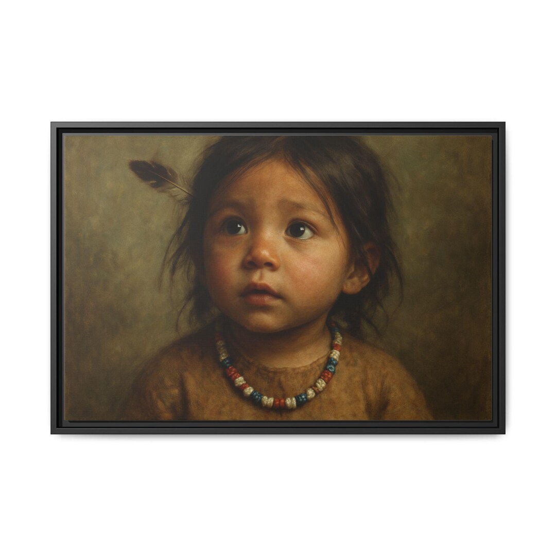 Framed Matte Canvas Art Print: Whimsical Native American Child Portrait ...