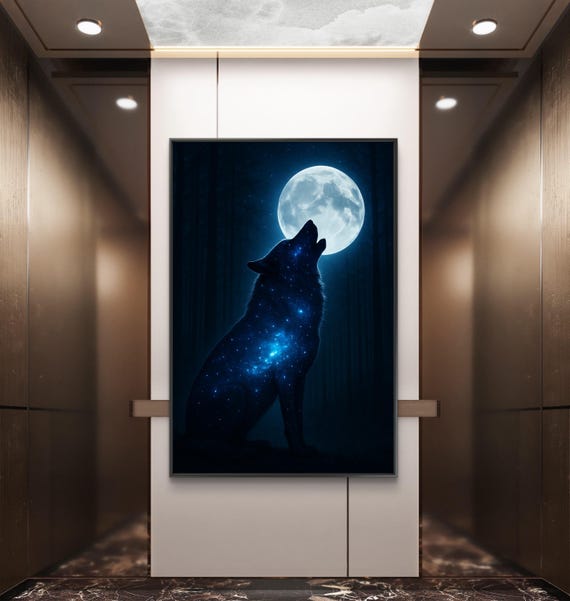 月に向かって吠える狼のキャンバスアート：神秘的な星空の夜のプリント