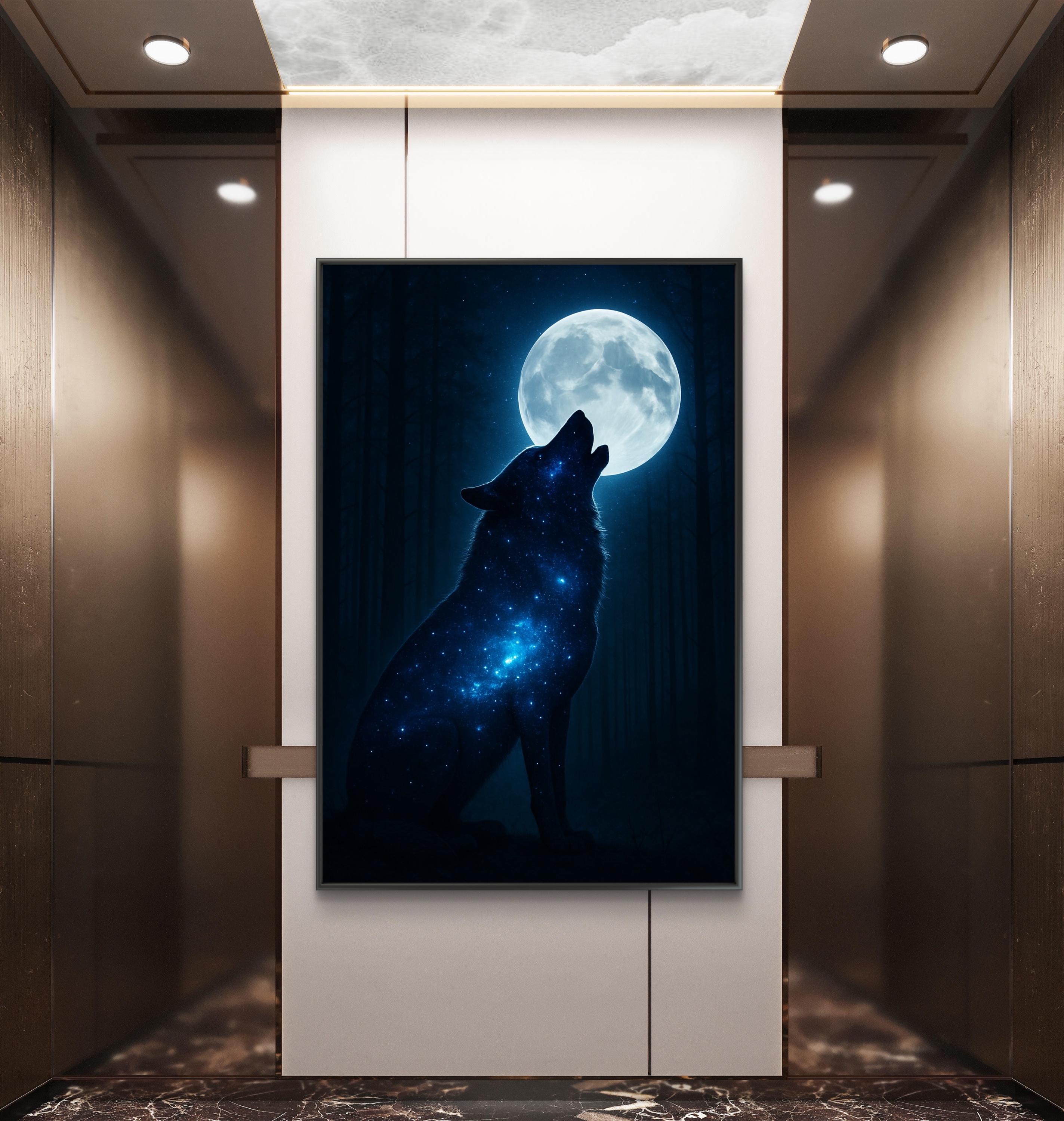 月に向かって吠える狼のキャンバスアート：神秘的な星空の夜のプリント