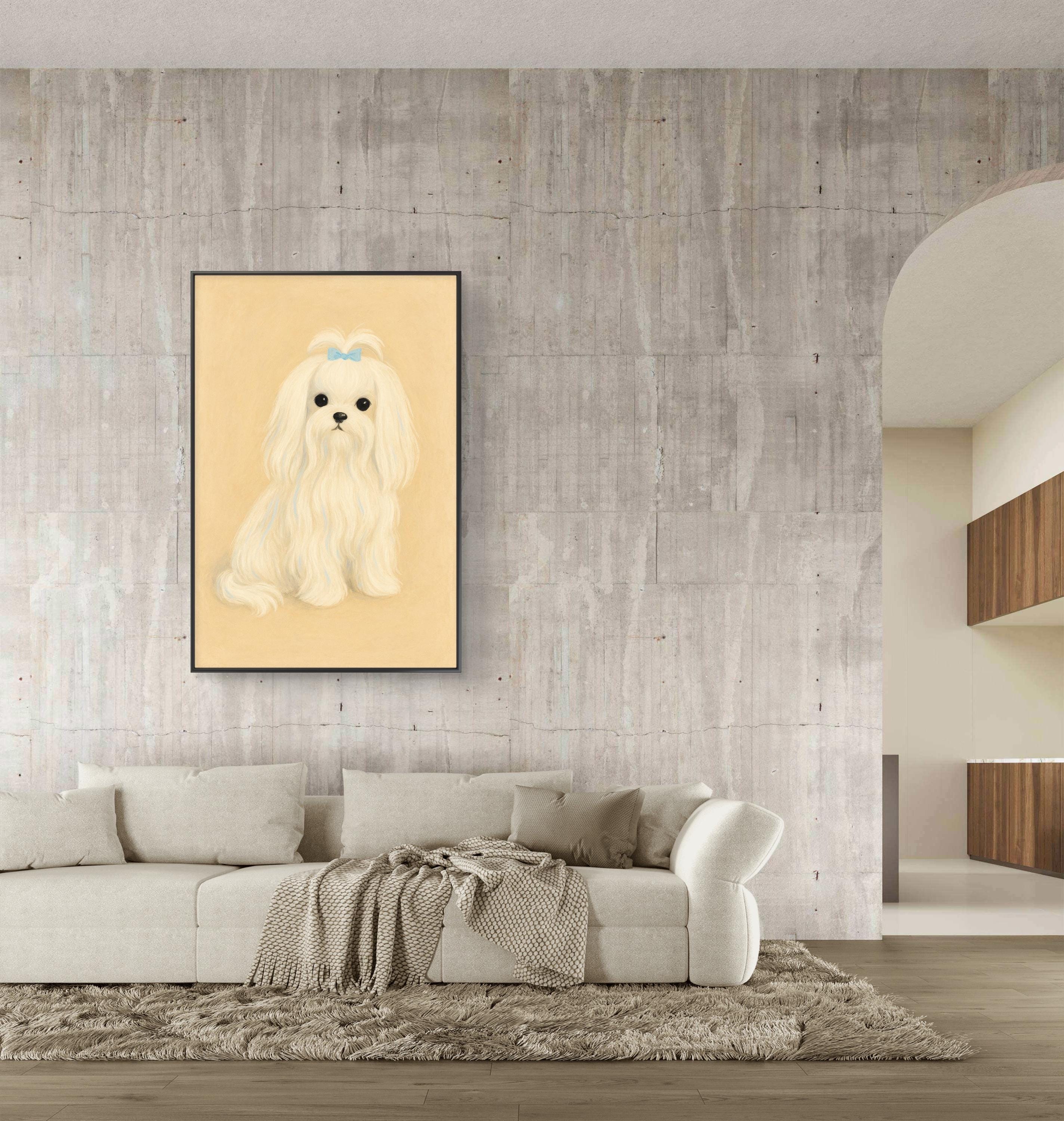 額入りマルチーズ犬の肖像画キャンバス、かわいいペットの壁アート