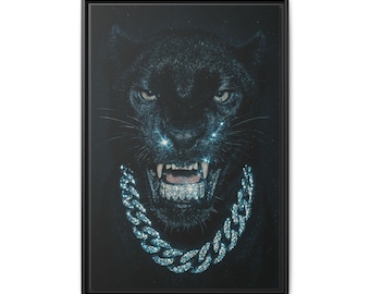 Black Panther With Diamond Chain Matte Canvas Framed | Dark Animal