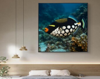 モンガラカワハギの額入りキャンバスアート：カラフルな海の魚の装飾