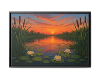 Puede incluir: Impresión en lienzo enmarcada de una serena escena lacustre al atardecer. La obra presenta un cielo naranja y rojo vibrante que se refleja en el agua. Juncos y nenúfares con flores blancas enmarcan la orilla, creando un paisaje tranquilo.