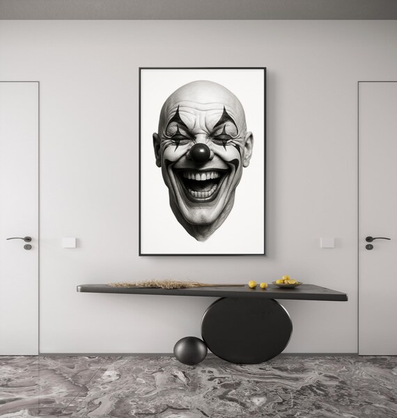 笑顔のピエロのプリント：白黒サーカスアート、額入りキャンバス
