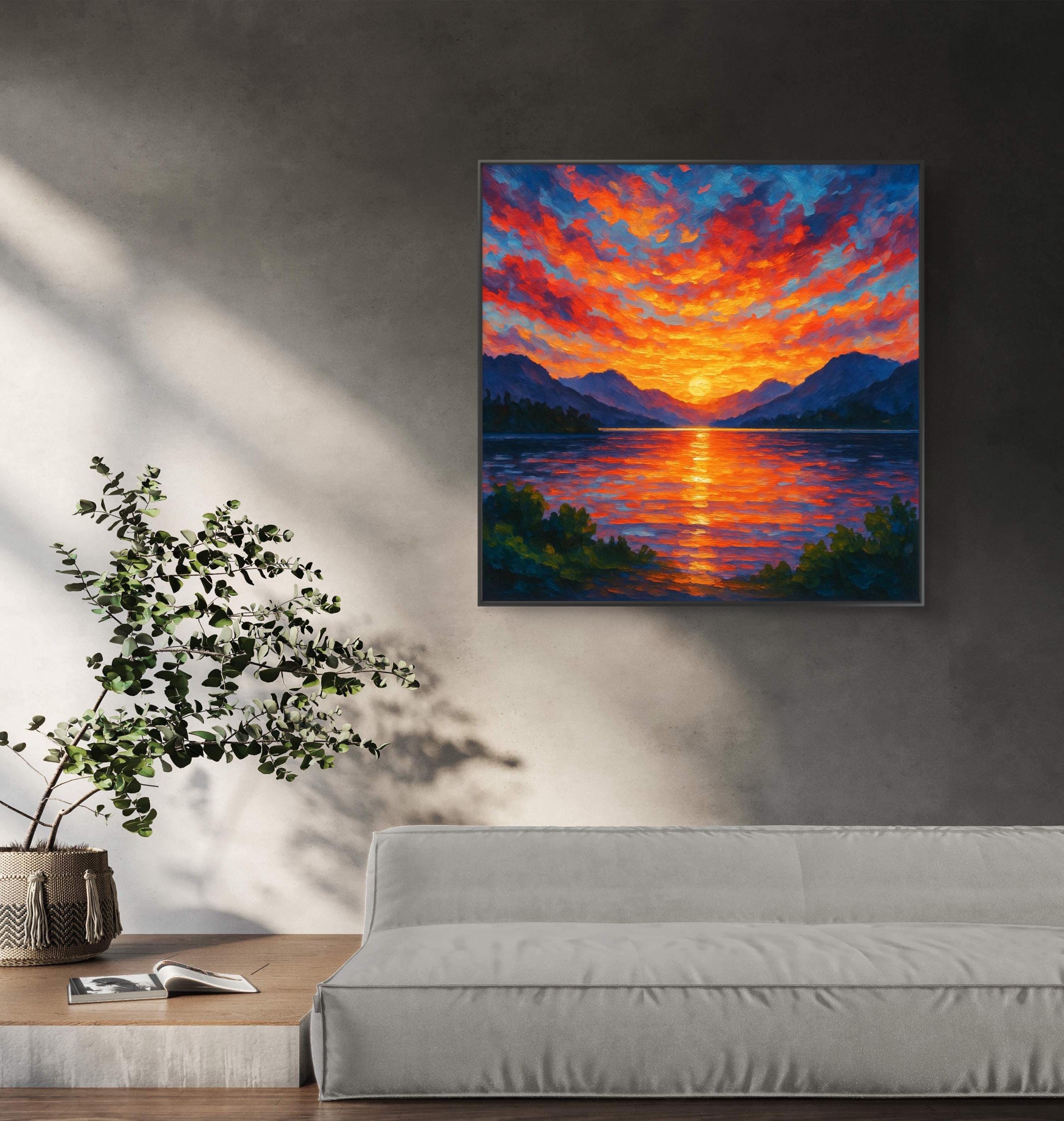 Sunset Over Mountain Lake Matte Canvas Framed | Colorful Landscape Wall ...
