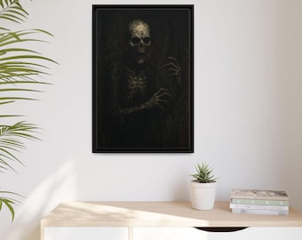 Donker schedelskeletkunstwerk mat canvas