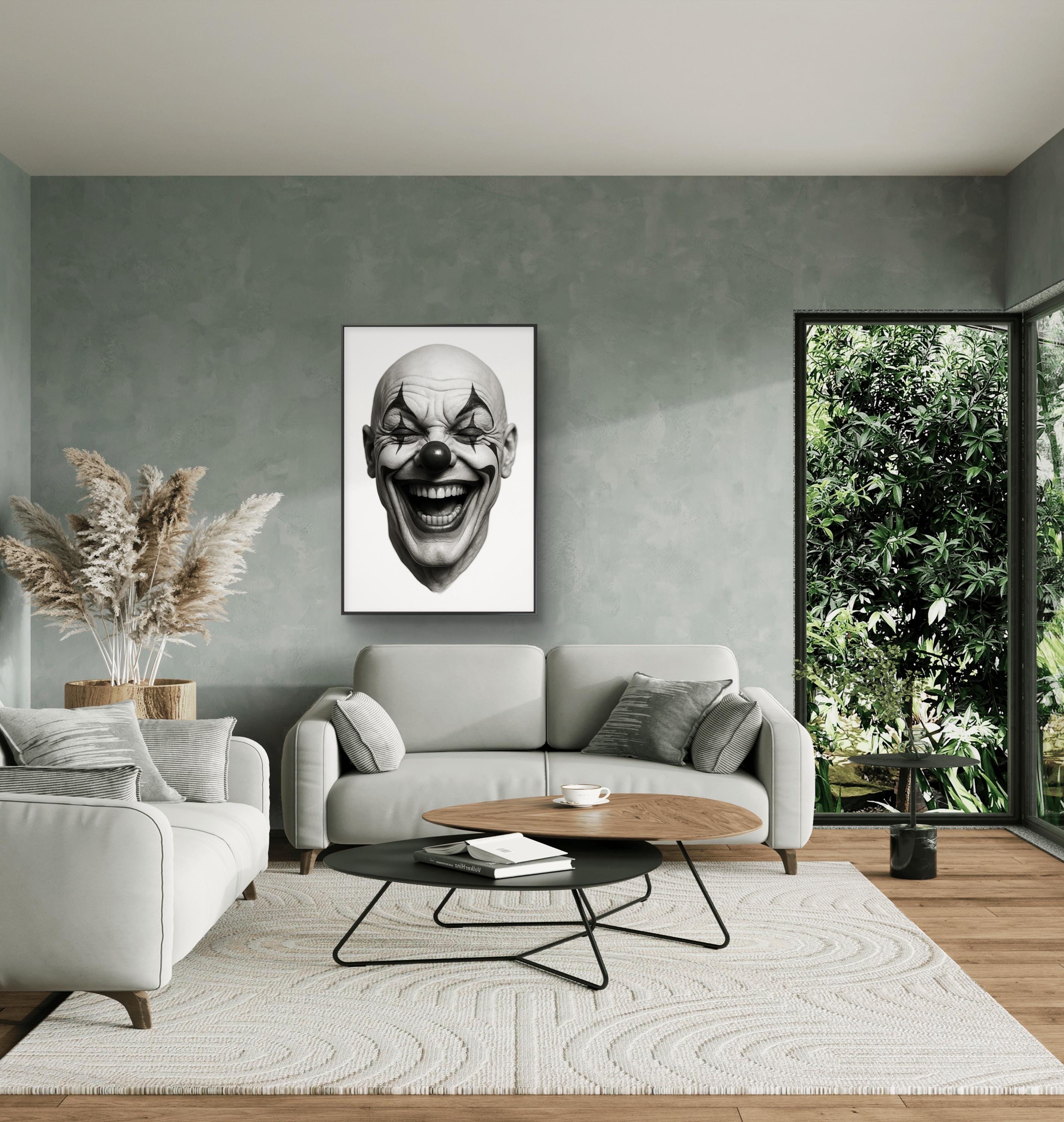 笑顔のピエロのプリント：白黒サーカスアート、額入りキャンバス