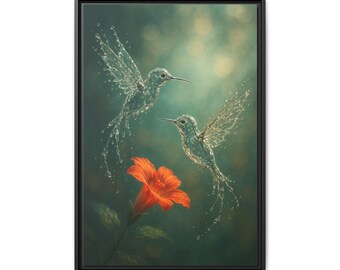 Framed Hummingbird Canvas Art: Colorful Surreal Home Decor