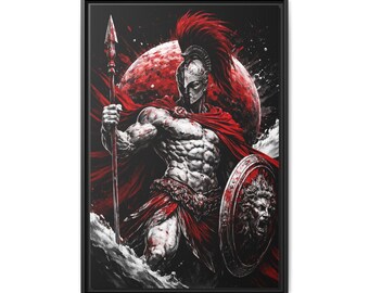 Puede incluir: Obra de arte enmarcada que representa a un guerrero musculoso con casco y capa roja, sosteniendo una lanza y un escudo. La obra de arte tiene una combinación de colores rojo y negro, con una gran esfera roja en el fondo. El guerrero se representa en una pose dinámica.