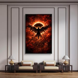 May include: A framed artwork depicting a silhouetted figure with outstretched wings against a fiery, celestial background. The color palette is dominated by shades of red, orange, and black, creating a dramatic and ethereal scene. The artwork is displayed in a modern interior setting.