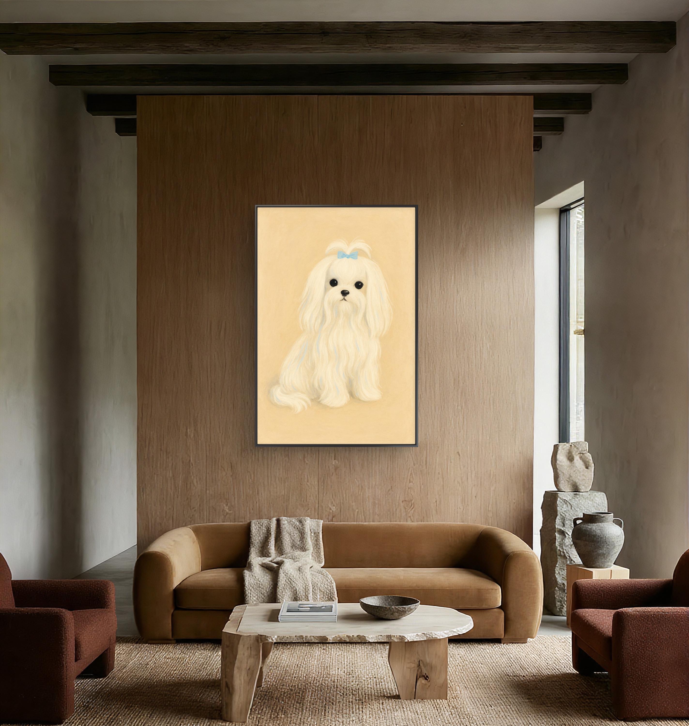 額入りマルチーズ犬の肖像画キャンバス、かわいいペットの壁アート