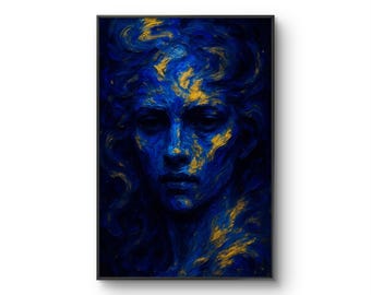 Blue and Gold Abstract Woman Portrait - Framed Canvas Wall Art