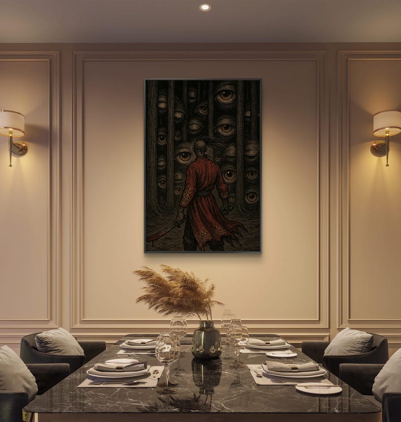 Man in Red Cloak Facing Wall of Eyes Canvas Framed Art | Dark Fantasy ...