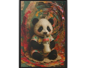 Impresión en lienzo de un biberón de panda bebé, arte de pared mate enmarcado