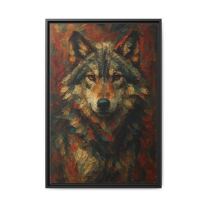 May include: A framed canvas print featuring a detailed, colorful painting of a wolf. The artwork uses a textured, brushstroke style with shades of brown, red, and gold. The wolf's face is centered, with a focused gaze.