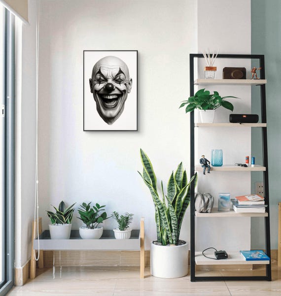 笑顔のピエロのプリント：白黒サーカスアート、額入りキャンバス