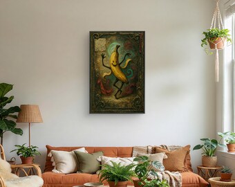Dancing Banana Illustration Matte Canvas Framed | Whimsical