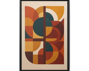May include: Geometric abstract art print in a black frame. The artwork features a mid-century modern design with overlapping shapes in shades of orange, yellow, brown, and teal. The background is a light beige color.