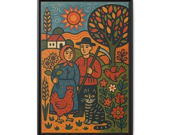 Colorful Farm Life Framed Print: Rustic Folk Art Wall Decor