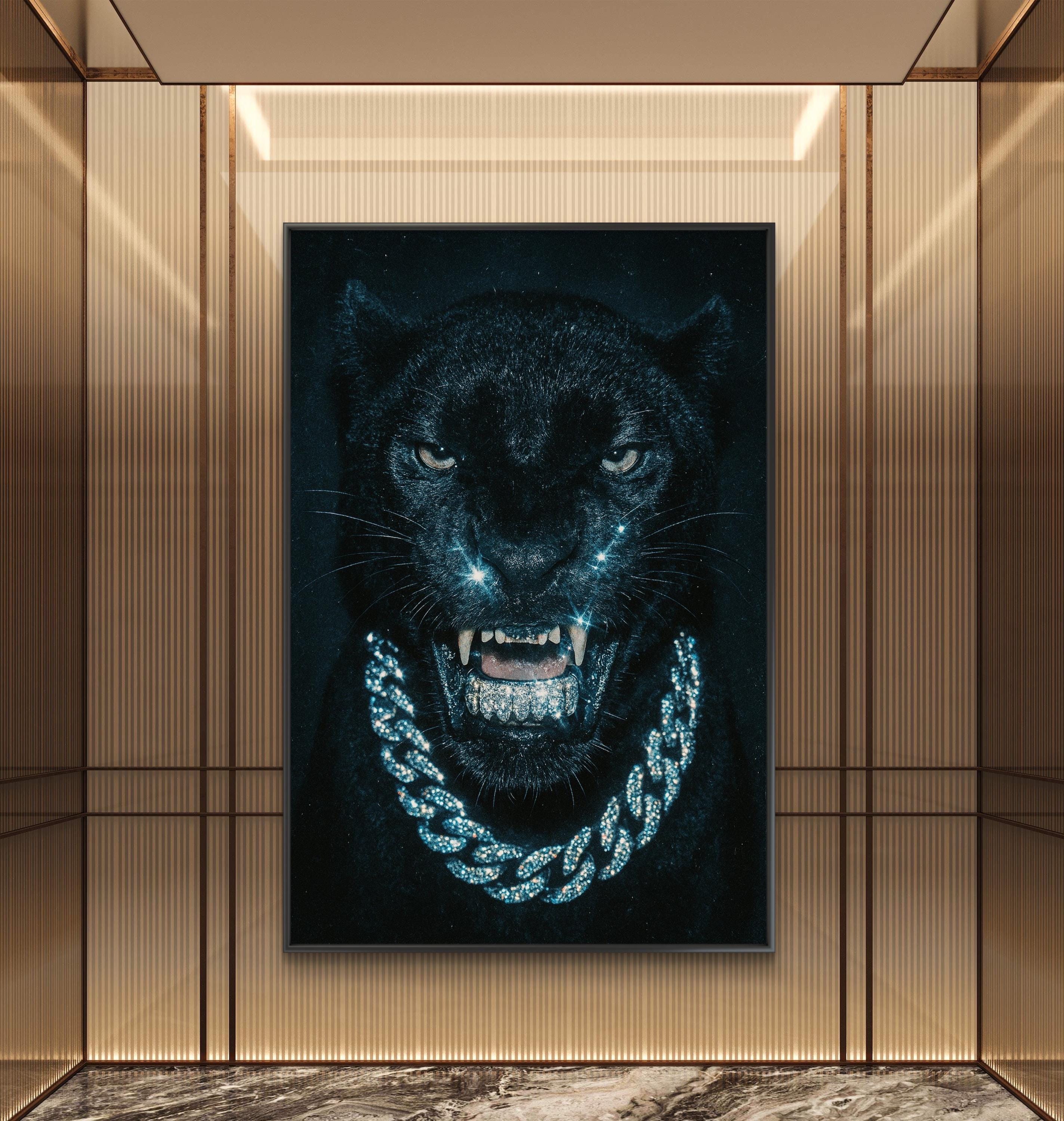 Black Panther With Diamond Chain Matte Canvas Framed | Dark Animal