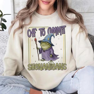 May include: Cream-coloured sweatshirt featuring a cartoon frog in a wizard's outfit, holding a staff. The frog wears a blue hat with a crescent moon. Text reads "Off To Commit Shenanigans" in purple and green.