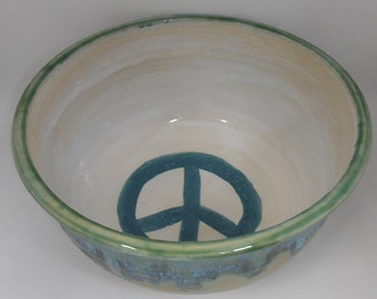 Peace Sign Serving Bowl with teal peace and drippy glaze #BCT001