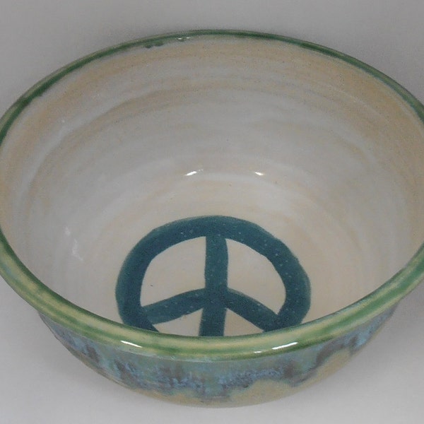 Peace Sign Serving Bowl with teal peace and drippy glaze #BCT001