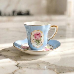 Blue Floral Espresso Cup, Hand Painted 24k Gold Turkish Coffee Cup, Coquette Aesthetic Tea Party Decor, Unique Porcelain Gift for Her