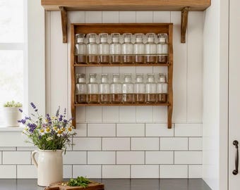 Rare Antique Wooden Spice Rack with 16 Glass Apothecary Jars Farmhouse Wall Decor
