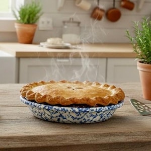Op de afbeelding: Een versgebakken taart in een blauw en wit patroon, met stoom die opstijgt uit de goudbruine korst. De taart staat op een houten tafel, met een keukenomgeving op de achtergrond.