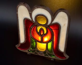 Vintage Cast Iron Stained Glass Christmas Angel Tea Light Candle Holder