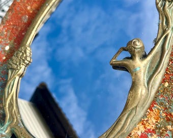 Antique Art Nouveau Brass Vanity Table Top Footed Mirror Lady by the Lake