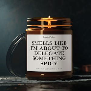 May include: A brown glass jar candle with a black lid and a white label. The label features the text Boss & Worker, SMELLS LIKE I'M ABOUT TO DELEGATE SOMETHING SPICY, and Soy Candle | 9 oz (255 g) | Made in the USA. The candle has a lit wick.