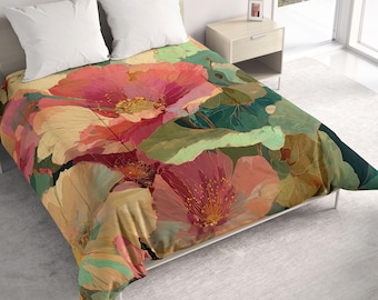 Comforter with Abstract Floral Art: Cotton or Microfiber Lightweight All Seasons Bedding - 116