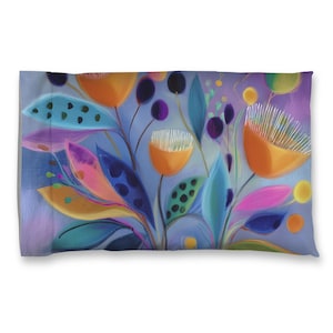 May include: A rectangular pillowcase featuring a vibrant floral design. The artwork showcases orange, pink, and teal flowers with dark purple berries and leaves against a light blue background. The pillowcase has a soft, artistic aesthetic.