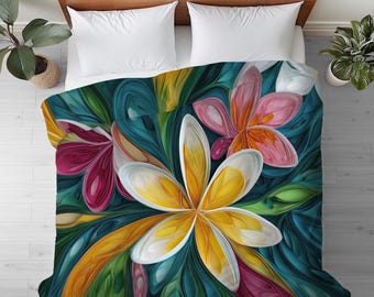 Duvet Cover with Abstract Floral Design: Cotton or Microfiber Bedding - 106