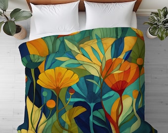 Duvet Cover with Abstract Floral Design: Cotton or Microfiber Bedding - 101