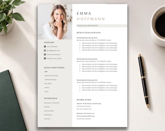 May include: A professional resume template featuring a clean layout with a portrait photo of a person at the top, followed by sections for contact information, qualifications, interests, work experience, and education, all written in German text.