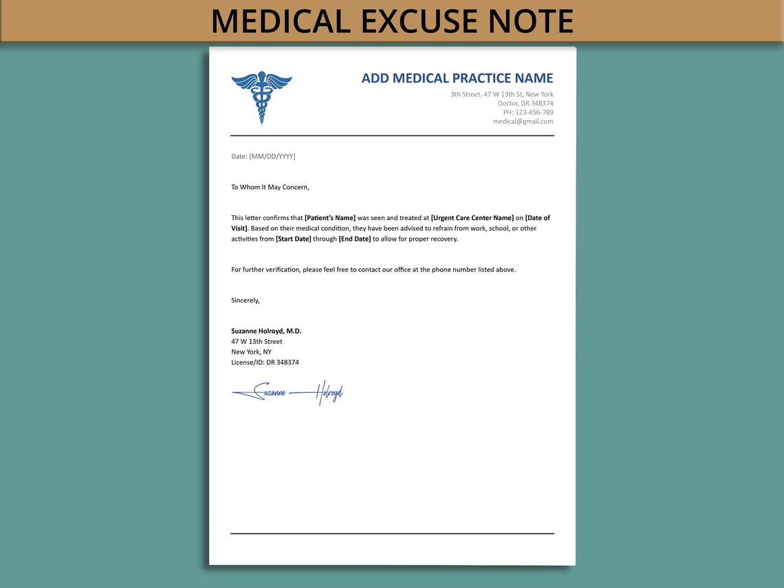 Editable Doctor Excuse Note Template. Urgent Care Excuse Letter ...