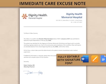 Editable Urgent Care Note: Work & School Leave Note (Word, Google Docs, Pages)