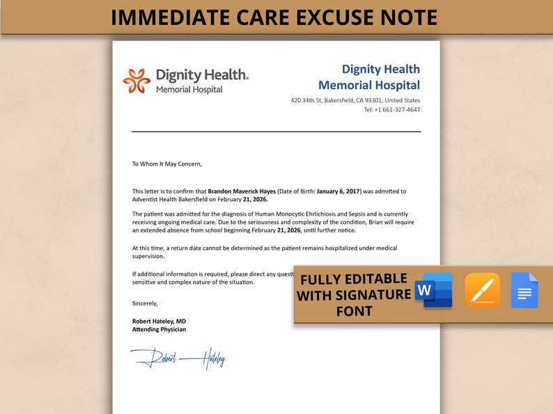 Editable Urgent Care Note: Work & School Leave Note (word, Google Docs ...