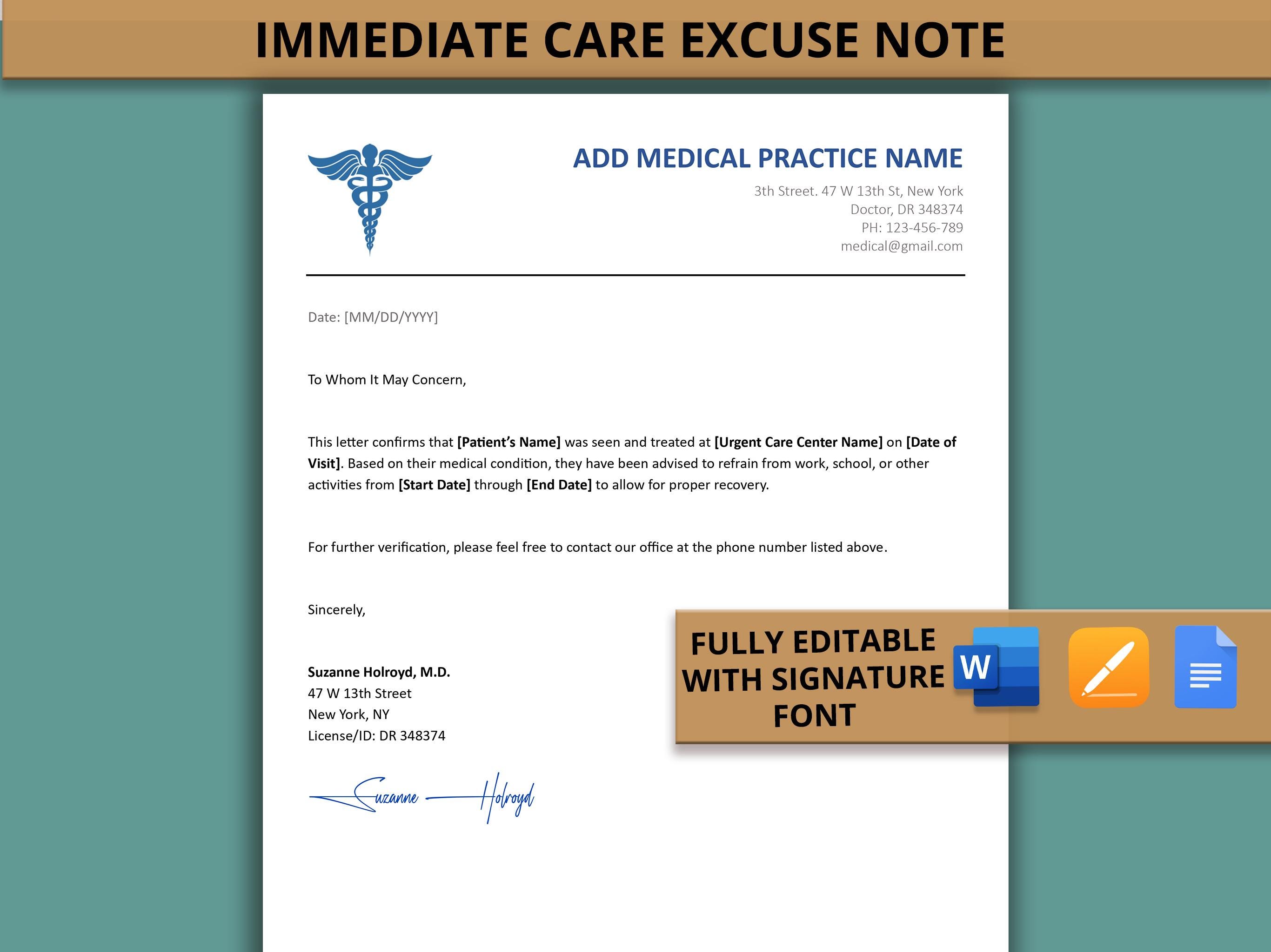 Editable Doctor Excuse Note Template. Urgent Care Excuse Letter ...