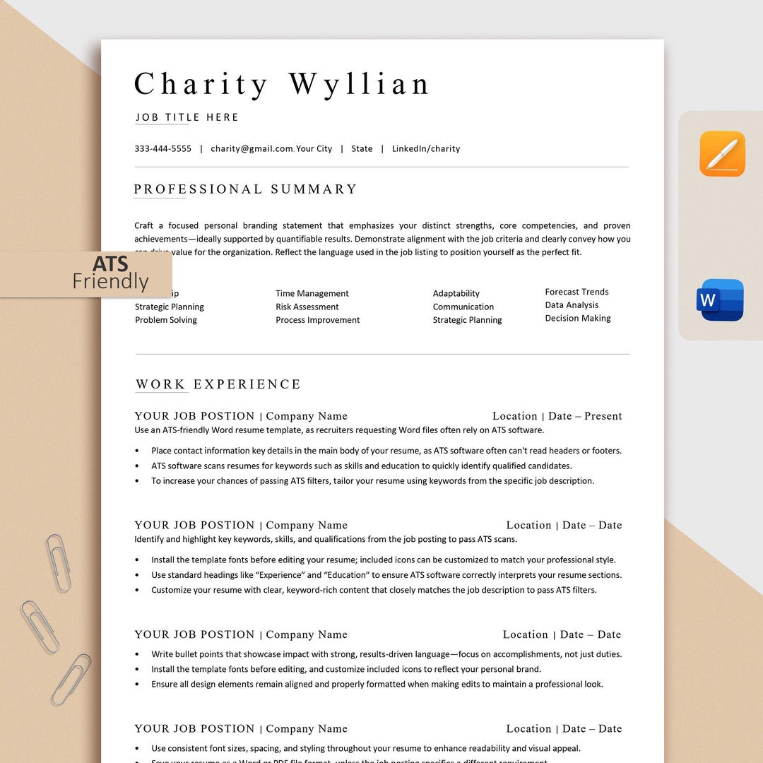 ATS Friendly Resume Template , Word and Pages Resume, ATS Compatible ...