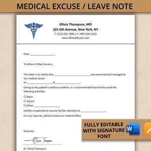 Może przedstawiać: Biały szablon zwolnienia lekarskiego lub notatki urlopowej z napisem "MEDICAL EXCUSE / LEAVE NOTE" u góry. Dokument zawiera imię i nazwisko lekarza, adres i dane kontaktowe, a także pola na dane pacjenta i ograniczenia aktywności.